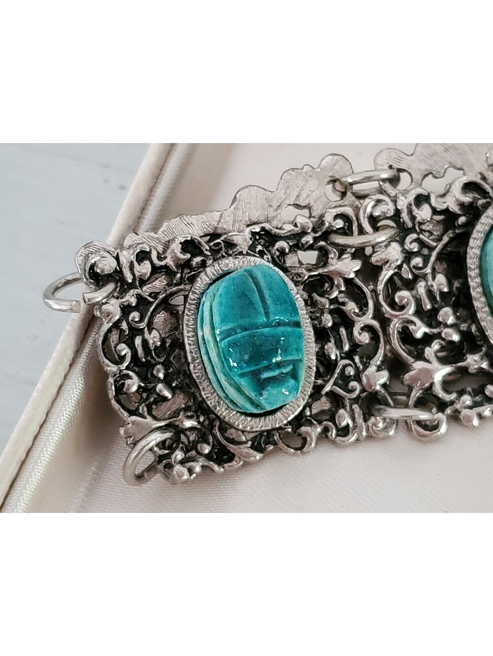 Vintage Egyptian Scarab Beetle and Silver Tone Panel Bracelet - Picture 3 of 6